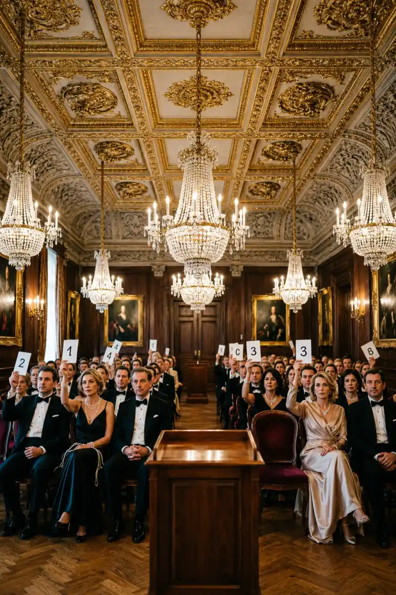 Sala de subastas clásica con candelabros y público elegante