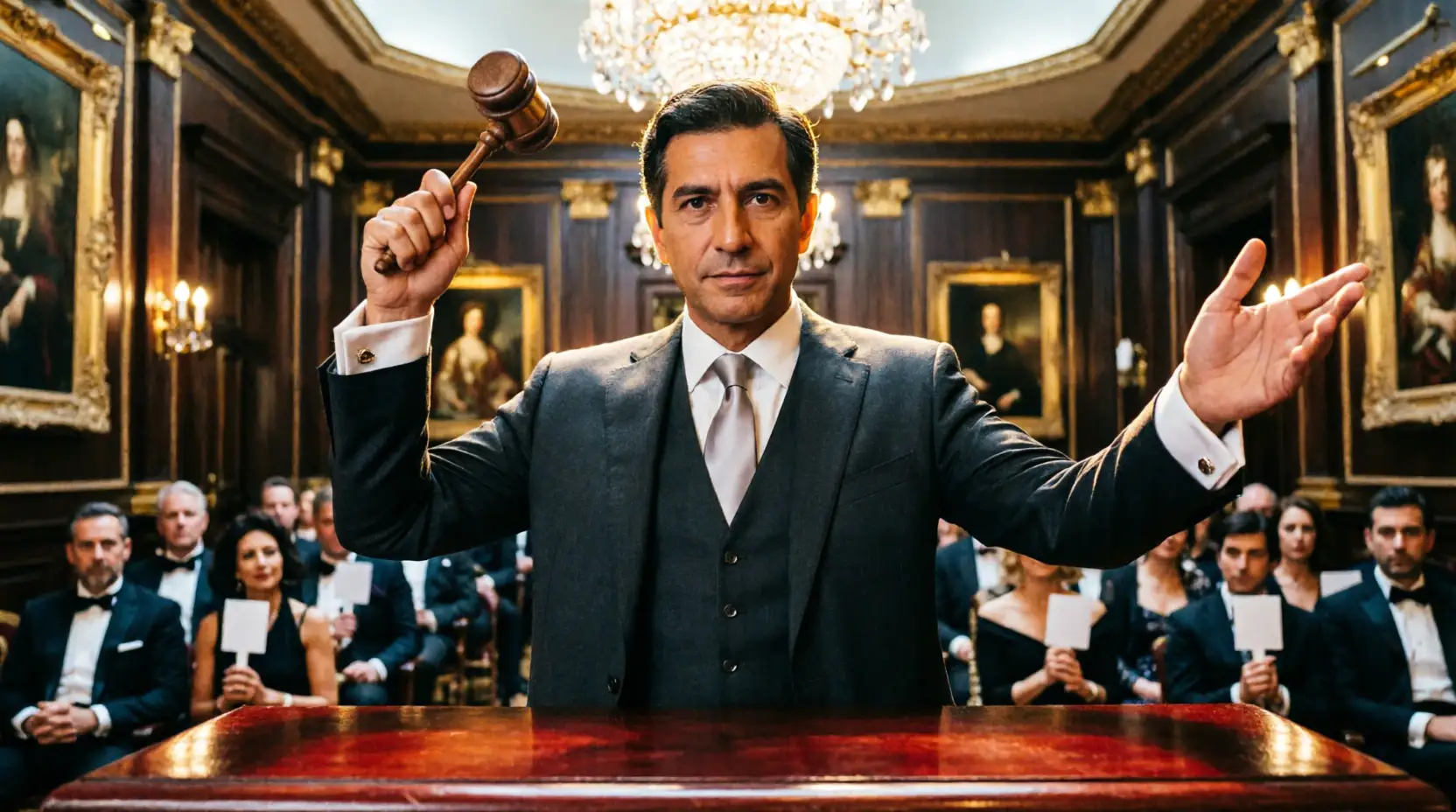 Subastador en el podio dirigiendo la sesión con el martillo en alto